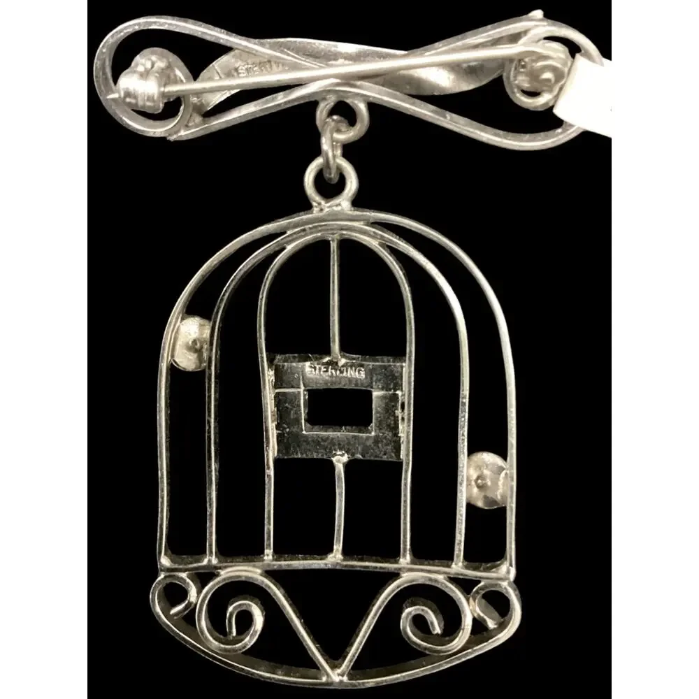 Beautiful Vintage Sterling Silver Bird Cage Brooch With Rhinestones
